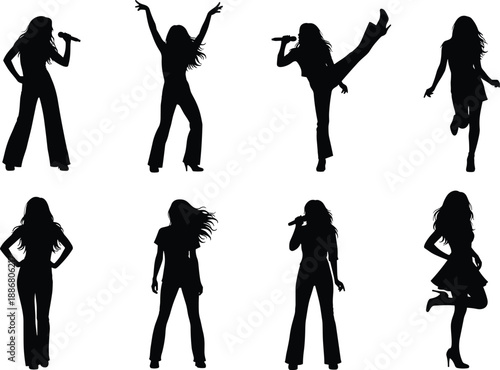 Female performer silhouettes collection showing women singing, dancing, energetic stage moves with microphone, concert performance poses isolated on white background
