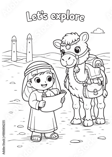 coloring book young child reading a map beside a cute camel, learning to explore new places