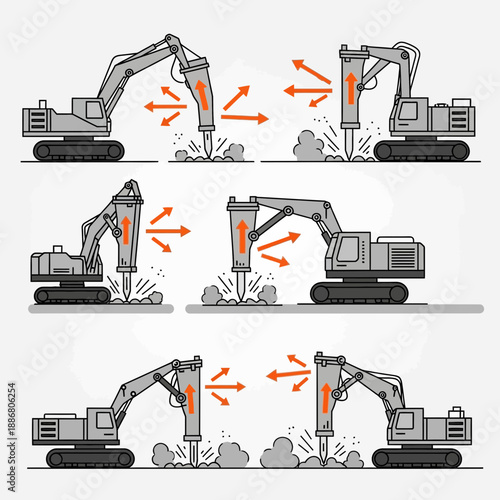 Powerful Construction Excavator Hydraulic Breaker Performing Demolition Work