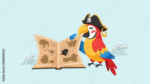 Pirate Parrot Reading A Map Adventure With Tropical Birds Illustration