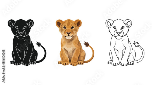 Set of three baby lion cub illustrations in black silhouette, full color, and outline styles