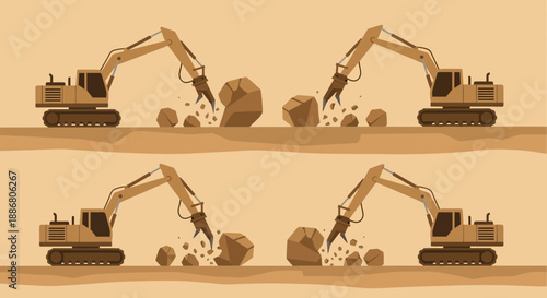 Powerful Construction Excavator With Hydraulic Breaker Shattering Rocks On Site Vector