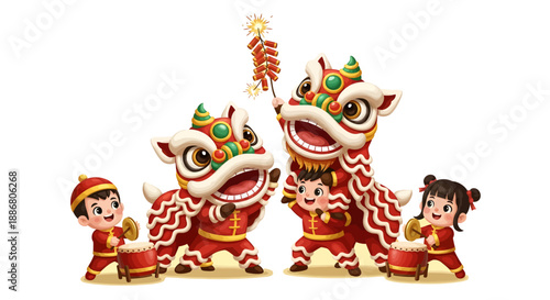 Lion Dance Performance with Children and Drums