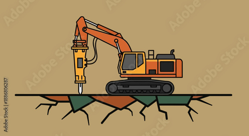 Powerful Construction Excavator With Hydraulic Jackhammer Demolishing Concrete Ground