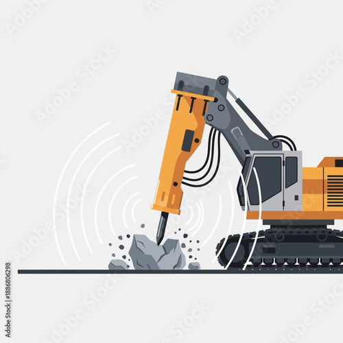 Powerful Construction Excavator With Jackhammer Breaking Stone For Road Work Project