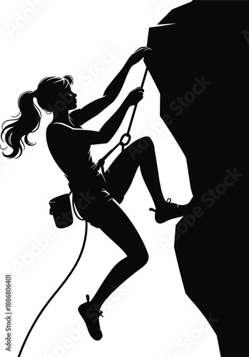 Female rock climber silhouette ascending cliff with rope and safety gear, extreme outdoor adventure sport, strength and determination concept isolated on white background