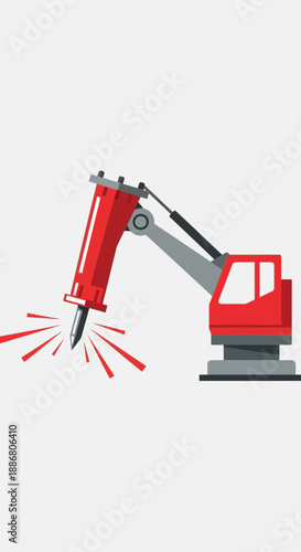 Powerful Construction Machine Using Hydraulic Hammer Breaking Ground Industrial Site
