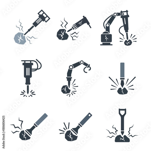 Powerful Construction Machinery And Hand Tools Iconography Breaking Elements