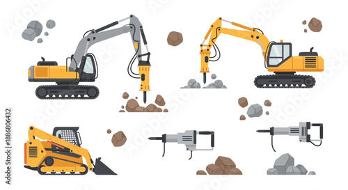 Powerful Construction Machinery And Demolition Tools Flat Design Vector Collection