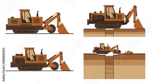 Powerful Construction Machinery Digging Earth Moving Process Vector Illustrations