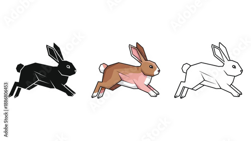 Set of three running rabbit illustrations in black silhouette, color, and outline styles