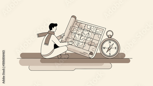 Planning Adventure Young Man Consults Rolled Map with Compass