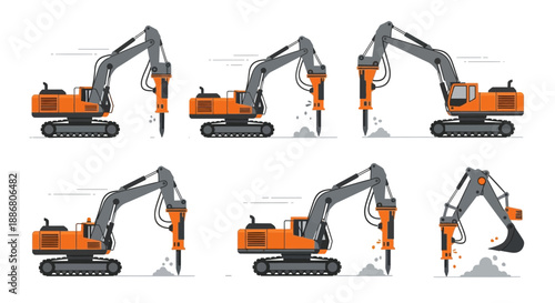 Powerful Construction Machinery Vector Set Hydraulic Breakers Site Equipment Heavy Industry