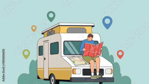 Planning Road Trip Adventure In Campervan With Navigation On Turquoise Background