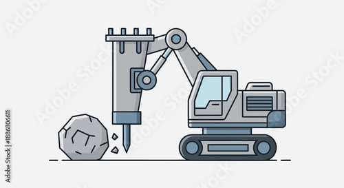 Powerful Construction Vehicle With Jackhammer Attachment Crushing Boulder For Development Projects