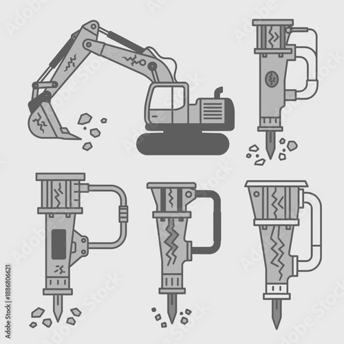 Powerful Construction Vehicles And Handheld Demolition Equipment Set Illustration