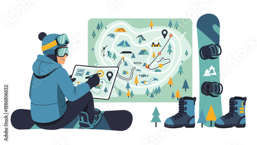 Planning Winter Adventure Exploring Safe Zones On Digital Map In Snowboarding Resort