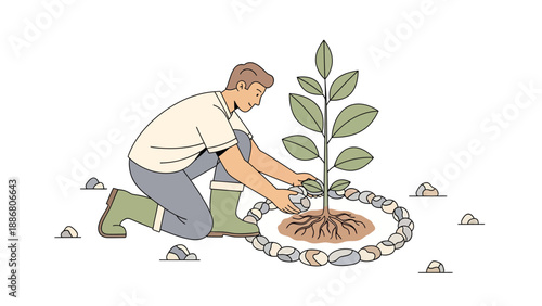 Planting New Life Man Caring For a Young Tree Protecting its Growth