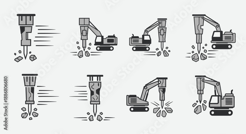 Powerful Demolition Hammer And Excavator Icons Shattering Rocks Set Construction Equipment Vector
