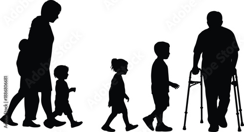 Human life cycle silhouettes showing generations from childhood to old age, family walking together, aging and development concept isolated on white background