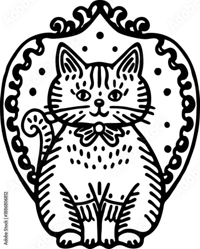 Cute cat inside ornate frame with bow ribbon hand drawn black and white kitten illustration