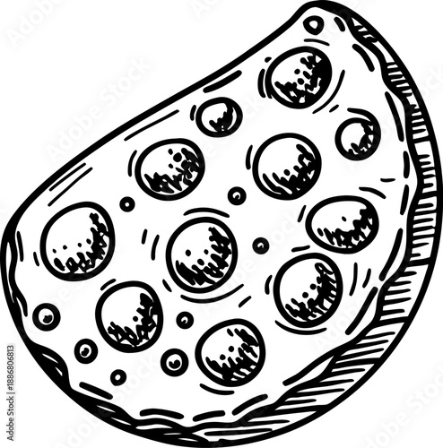 Pepperoni pizza slice illustration with thick crust and melted cheese, hand drawn food item