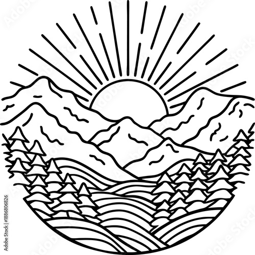Sunrise over mountain landscape with pine trees and flowing river in black line art