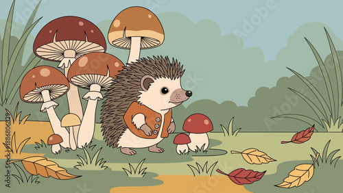 Playful Hedgehog Adorned In Autumnal Scene Surrounded By Mushrooms And Fallen Leaves