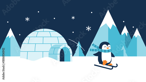 Playful Penguin Enjoying Winter Skiing Adventure Near An Igloo Home