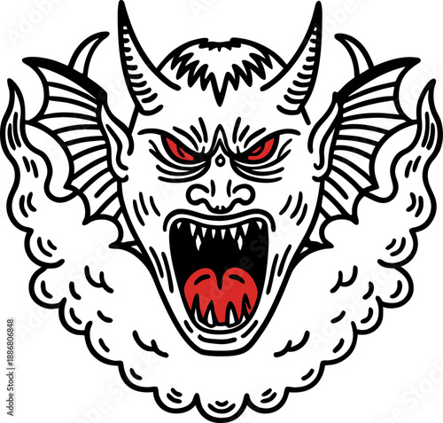 Demon head with horns and bat wings screaming, red eyes and mouth, surrounded by smoke