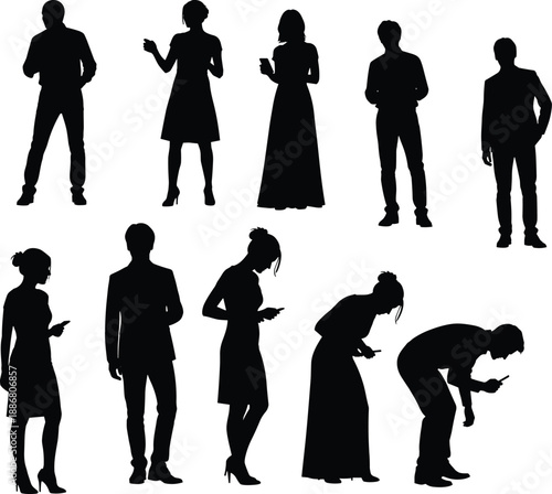 People smartphone silhouettes set showing men and women using mobile devices, modern communication habits, digital lifestyle behavior isolated