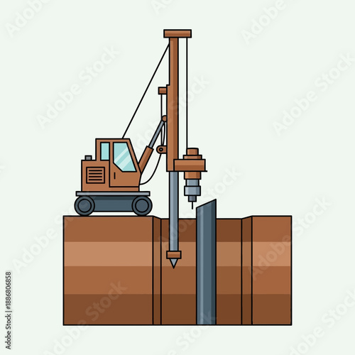 Powerful Drilling Rig Erecting Foundation Piles At A Busy Construction Site Vector Illustration