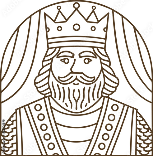 Medieval king portrait with crown and royal robe in arched window frame illustration