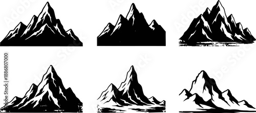 Silhouette mountain range set with sharp peaks and rugged rocky formations in black and white