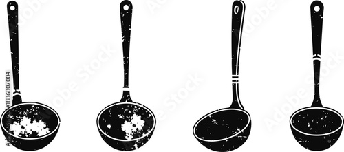 Vintage ladles set with rustic worn texture and long handles, kitchen utensils silhouette collection
