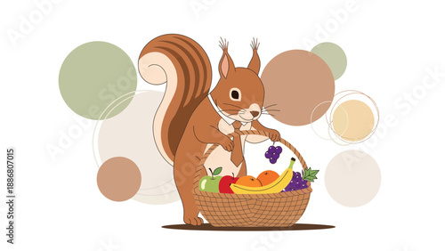 Playful Squirrel With Fruit Basket Cartoon Illustration For Nutrition Concept