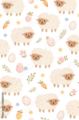 CUTE EASTER SHEEP SEAMLESS PATTERN WITH SPRING EGGS AND CARROTS