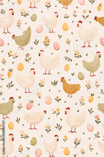 EASTER CHICKEN SEAMLESS PATTERN WITH PASTEL EGGS AND SPRING FLORALS
