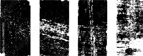 Set of four black and white grunge texture backgrounds with distressed and scratched surface designs