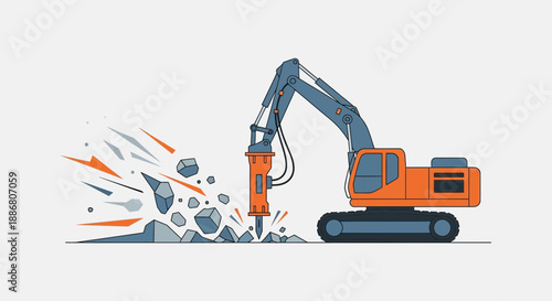 Powerful Excavator Breaking Concrete With Hydraulic Breaker Heavy Machinery At Work