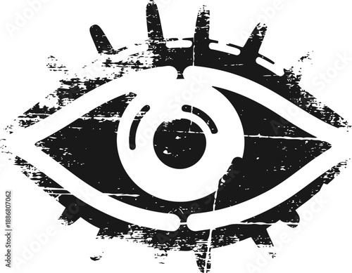 Grunge human eye icon with eyelashes, distressed texture, and abstract design