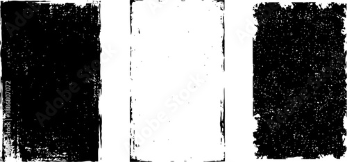 Set of black and white grunge frames with distressed edges and textured backgrounds