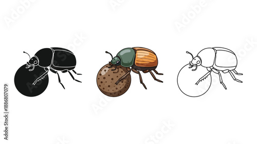 Dung beetle rolling dung ball illustration set in silhouette, color, and outline styles
