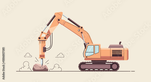 Powerful Excavator Breaking Stone With Hydraulic Hammer On Construction Site