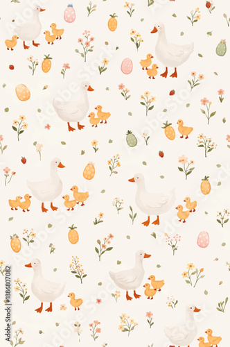 EASTER DUCKS SEAMLESS PATTERN WITH CHICKS AND SPRING FLORALS