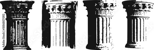 Four black and white distressed corinthian column capitals, ancient classical architectural elements
