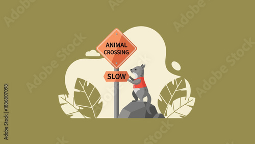 Wallpaper Mural Playful Woodland Scene Featuring Animal Crossing Sign and Cartoonish Wolf Torontodigital.ca