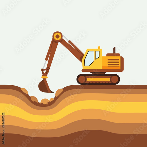 Powerful Excavator Machine Digging Earth Layers For Construction Project Vector Illustration