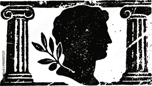 Ancient roman silhouette of male profile with laurel branch and classical columns illustration