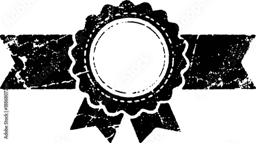 Vintage distressed ink stamp badge with ribbons in black and white design